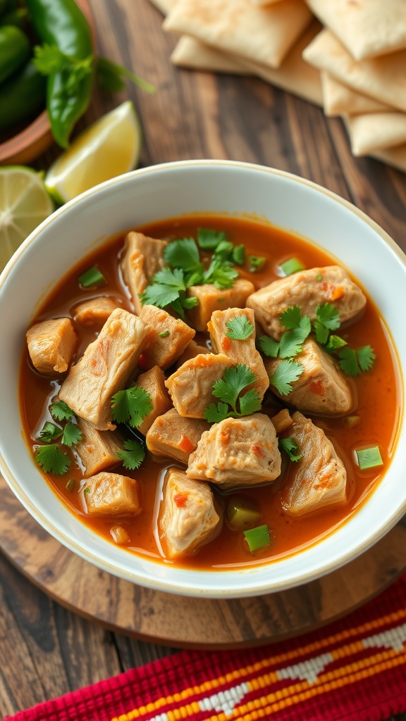 A bowl of spicy pork green chili with pork, green chilies, and cilantro, on a rustic wooden table with lime wedges.
